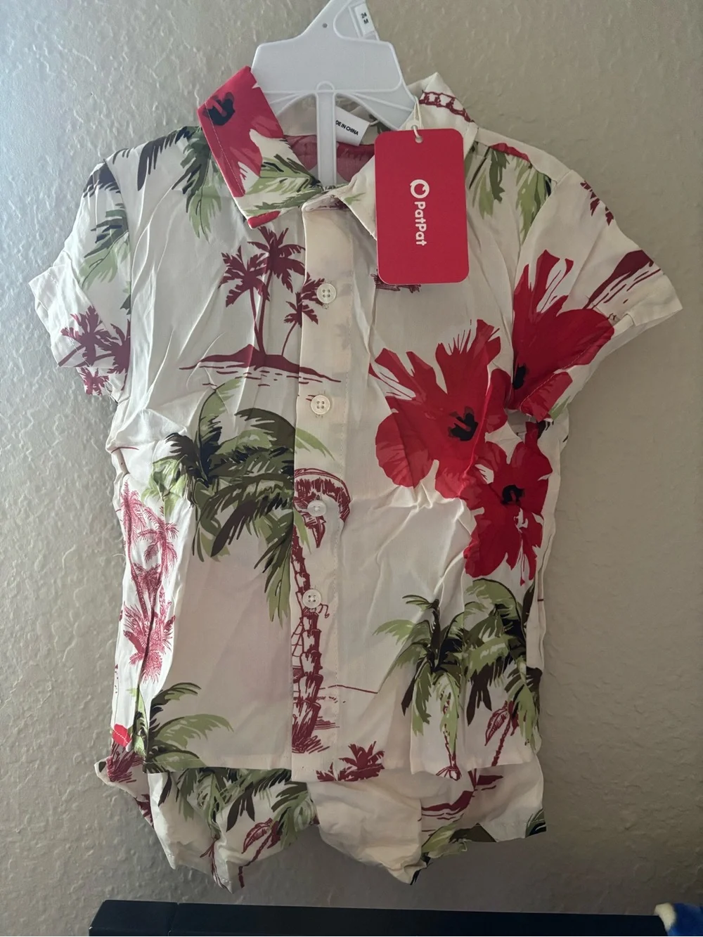 PatPat Toddlers Red Floral Button-Front Short Sleeve Top 3-4T